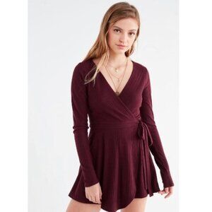 Urban Outfitters Brielle Cozy Wrap Romper Medium Burgundy Ribbed Minimalist Scho